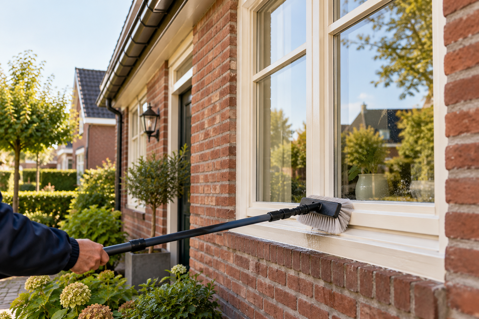 Sfeerbeeld van het reinigen van kozijnen aan een bakstenen woning
