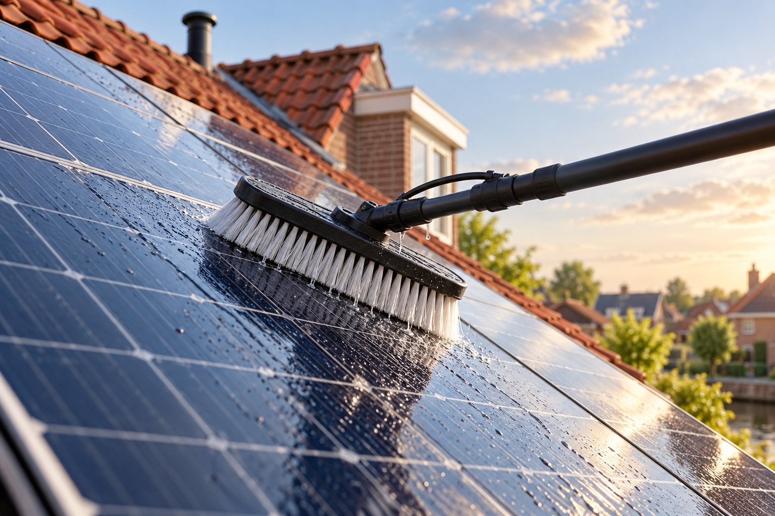 Sfeerbeeld van zonnepanelen die met een zachte borstel worden gereinigd
